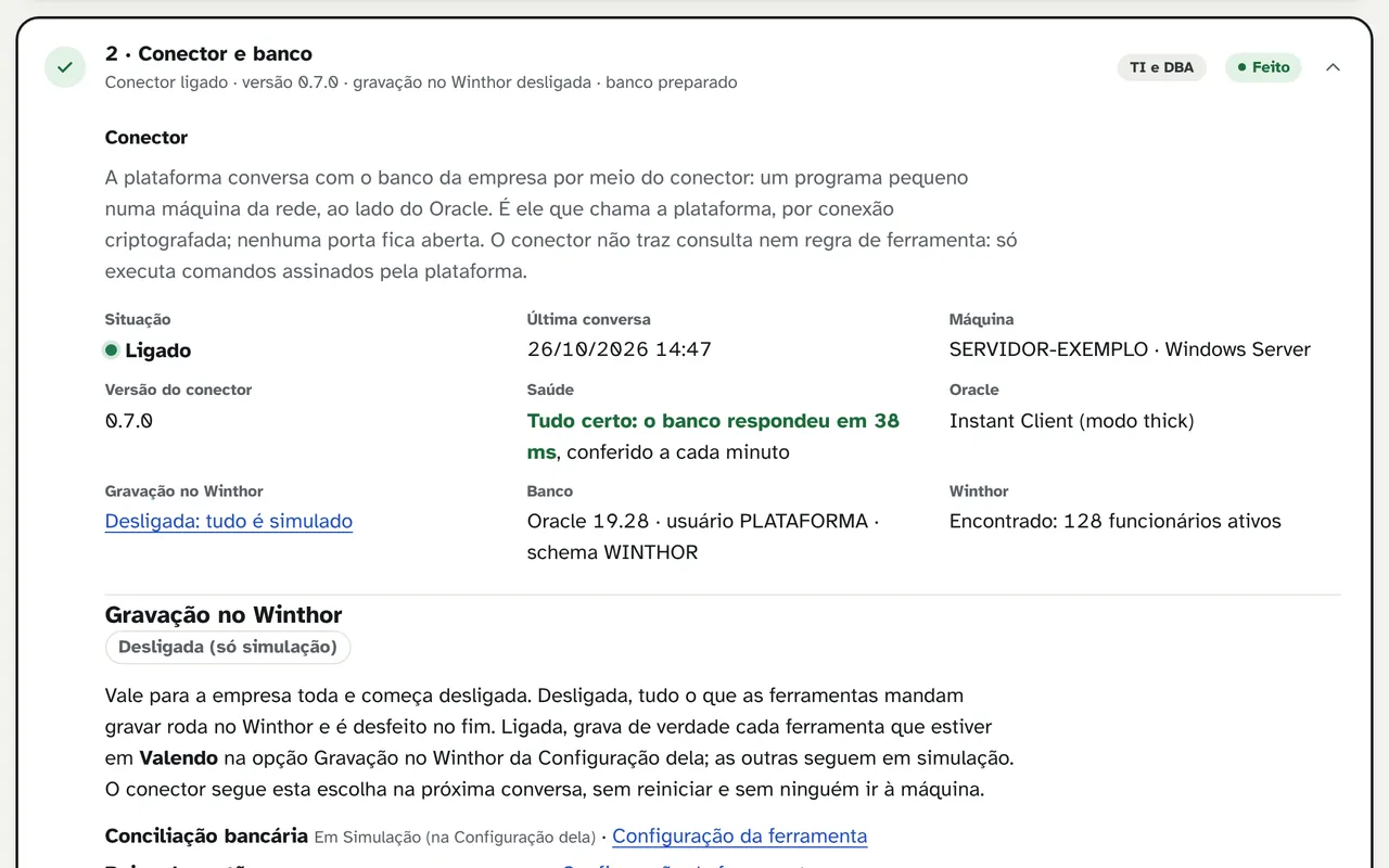 A tela da etapa Conector na plataforma, com dados de exemplo