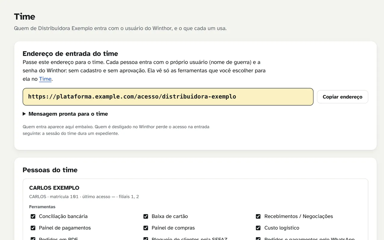 A tela da etapa Time na plataforma, com dados de exemplo